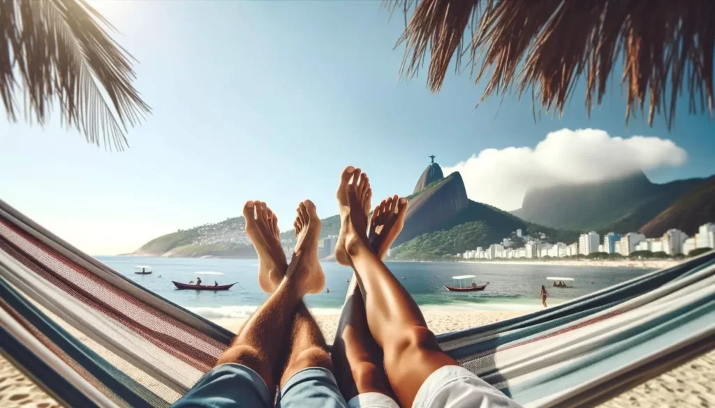 Pernas relaxadas de um casal na rede sobre a praia, com vista para o Cristo Redentor, destacando a importância da podologia para o bem-estar.